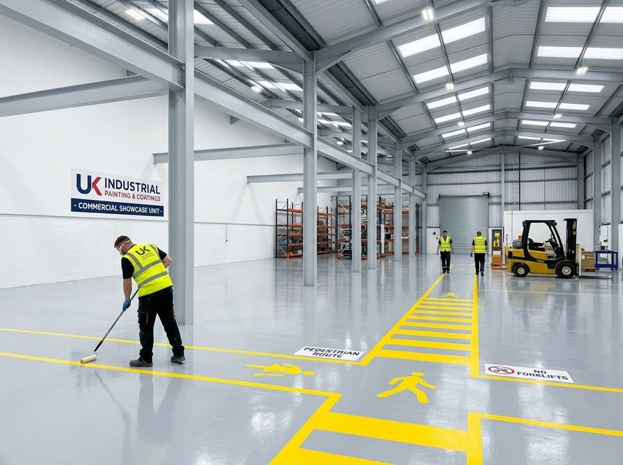 Painted warehouse floor and walls with yellow safety markings